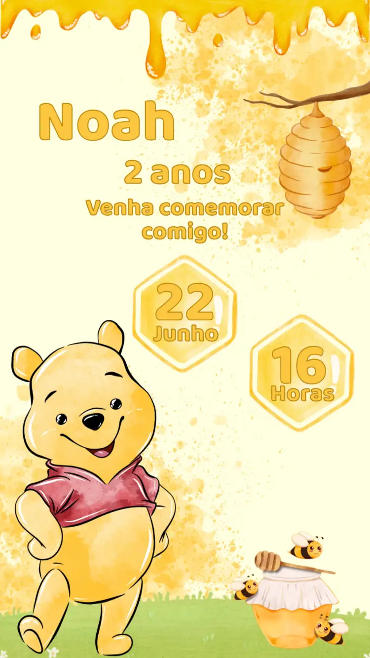 Convite Convite Aniversário Ursinho Pooh – tema Aniversário Infantil colorido, infantil, lúdico, animais, diversão, conto de fadas