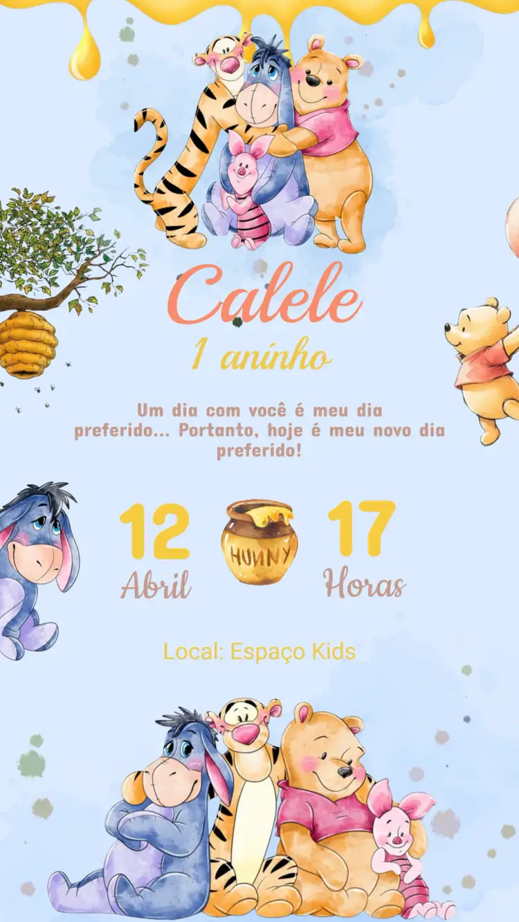 Convite Convite Aniversário Ursinho Pooh – tema Aniversário Infantil colorido, lúdico, divertido, infantil, suave, ilustrações fofas