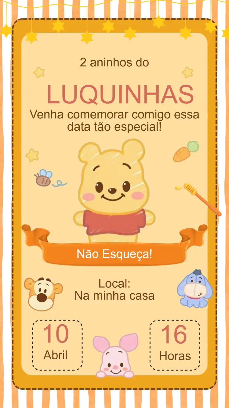 Convite Convite Aniversário Ursinho Pooh – tema Aniversário Infantil colorido, infantil, lúdico, doce, divertido