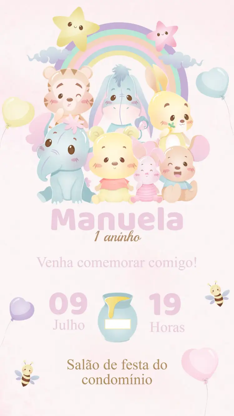 Convite Convite Aniversário Ursinho Pooh – tema Aniversário Infantil colorido, lúdico, infantil, temático, divertido, animado