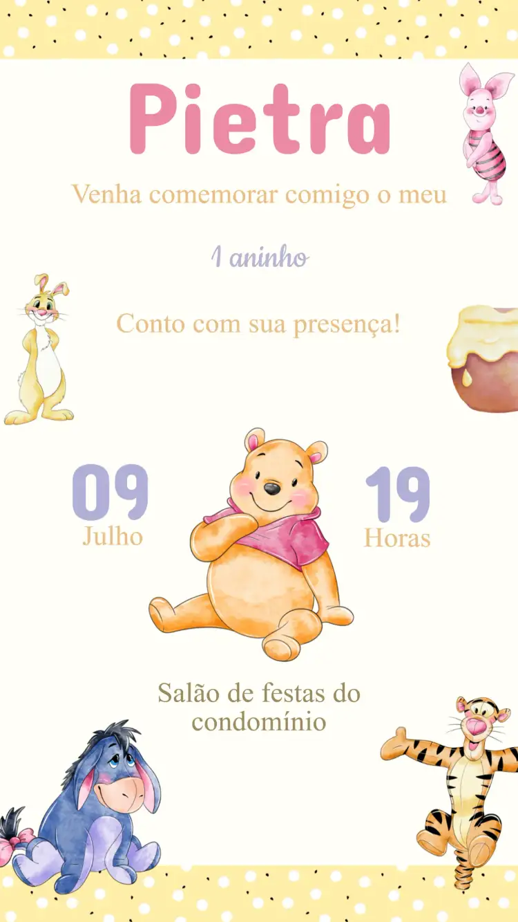 Convite Convite Aniversário Ursinho Pooh – tema Aniversário Infantil cores suaves, estilo lúdico, elementos gráficos do Pooh, design encantador, tema Disney, atmosfera mágica