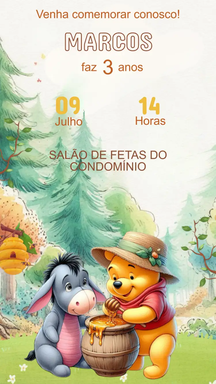 Convite Convite Aniversário Ursinho Pooh – tema Aniversário Infantil cores pastéis, ilustrações lúdicas, estilo infantil, elementos da floresta, design moderno, toque vintage