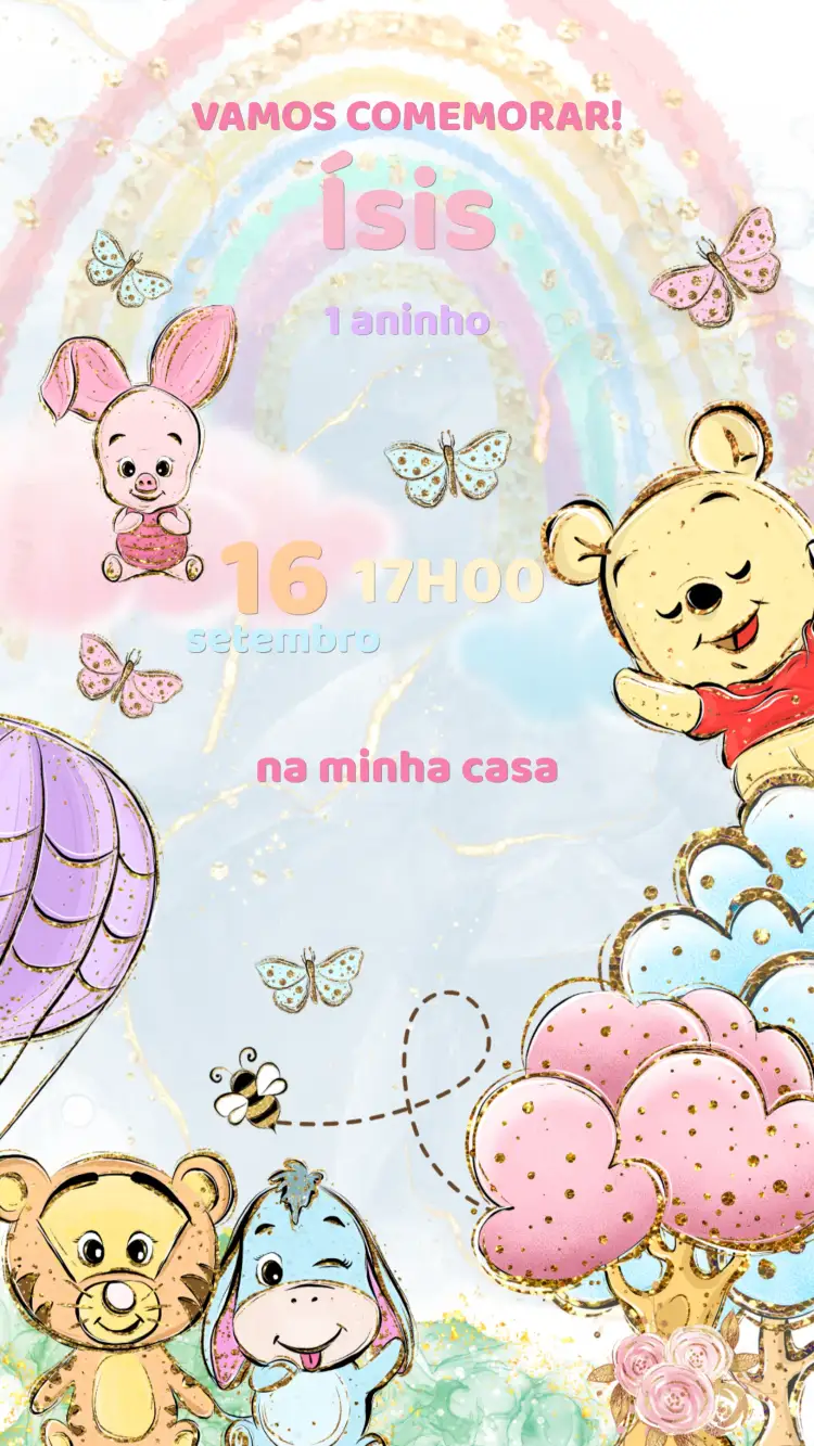 Convite Convite Aniversário Ursinho Pooh – tema Aniversário Infantil floresta, natureza, cores pastéis, ilustrações infantis, lúdico, amigável