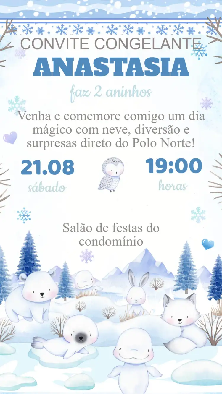 Convite Convite Aniversário Urso Polar – tema Aniversário Infantil inverno, fofo, colorido, divertido, ilustrações cativantes, temática animal
