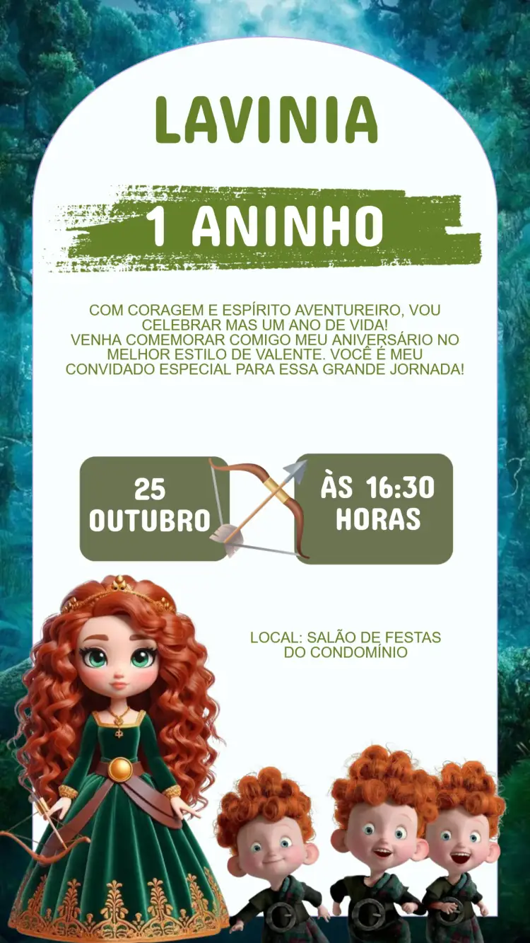 Convite Convite Aniversário Valente Baby – tema Aniversário Infantil cores pastel, ilustrações infantis, tema de princesa, design moderno, elementos gráficos lúdicos