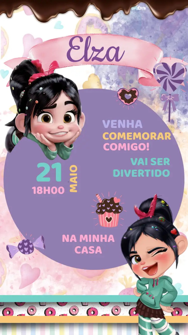 Convite Convite Aniversário Venelope – tema Aniversário Infantil colorido, fantasia, moderno, divertido, lúdico, aquarela