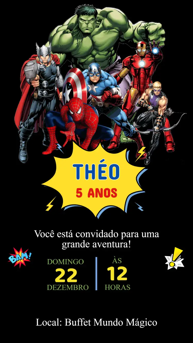 Convite Convite Aniversário Vingadores – tema Aniversário Infantil super-heróis, colorido, dinâmico, moderno, jovem