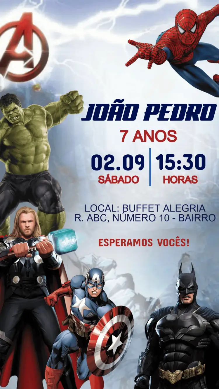 Convite Convite Aniversário Vingadores – tema Aniversário Infantil colorido, heróis, moderno, dinâmico, infantil, aventura