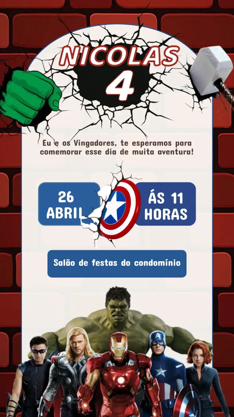 Convite Convite Aniversário Vingadores – tema Aniversário Infantil super-heróis, colorido, moderno, dinâmico, infantil, aventura