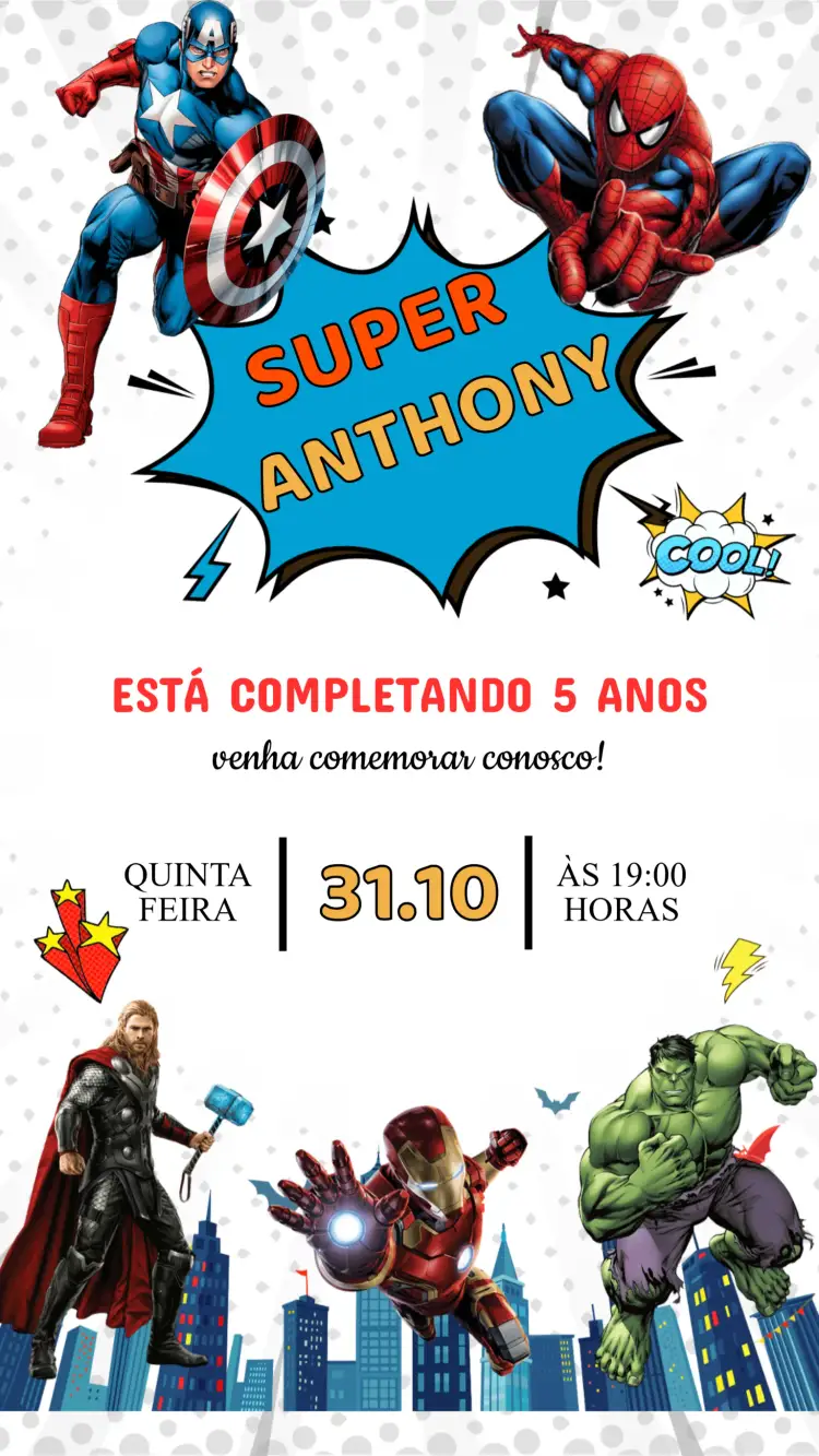 Convite Convite Aniversário Vingadores – tema Aniversário Infantil colorido, super-heróis, moderno, dinâmico, vibrante, aventura