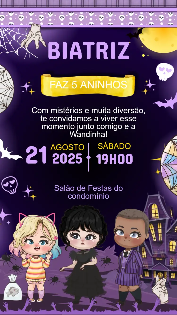 Convite Convite Aniversário Wandinha – tema Aniversário Infantil colorido, fantasia, halloween, divertido, ilustrações lúdicas, vintage