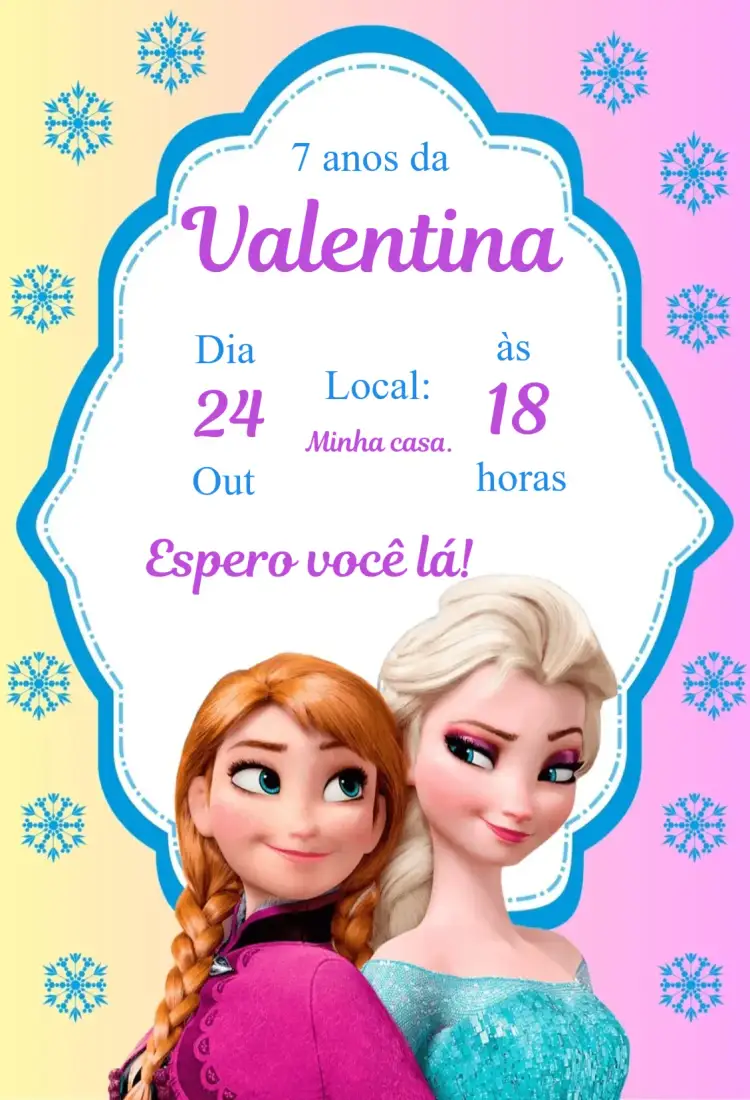 Convite Convite Anna e Elsa Frozen – tema Aniversário Infantil cores pastel, temática Frozen, elementos de gelo, design lúdico, estilo infantil, visuais encantados