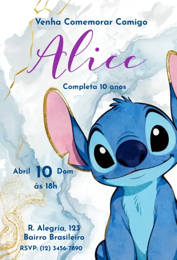 Convite Aquarelado Stitch Marmorizado Azul