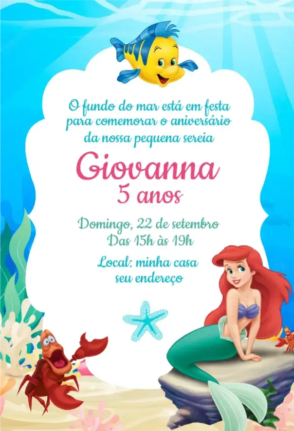 Convite Convite Ariel – tema Aniversário marinho, princesas, colorido, mágico, divertido, fantasia