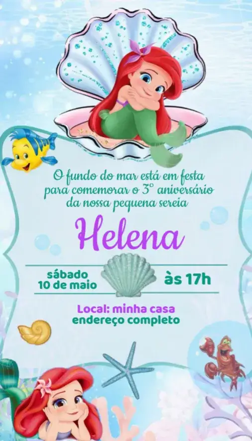 Convite Convite Ariel – tema Aniversário marinho, colorido, fantasia, princesa, brilho, diversão