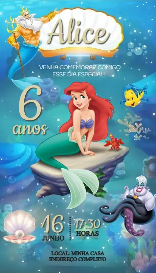 Convite Convite Ariel – tema Aniversário marinho, colorido, temático, divertido, encantado, Disney