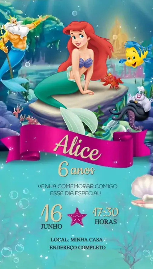 Convite Convite Ariel – tema Aniversário marinho, colorido, fantasia, princesas, divertido, mágico