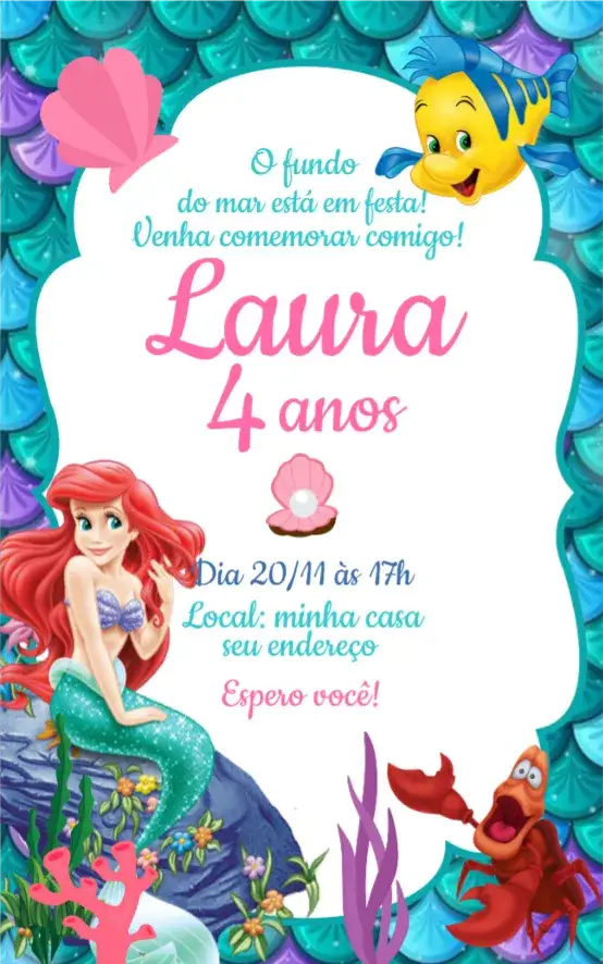 Convite Convite Ariel – tema Aniversário temas aquáticos, cores vibrantes, estilo lúdico, elementos marinhos, princesas Disney