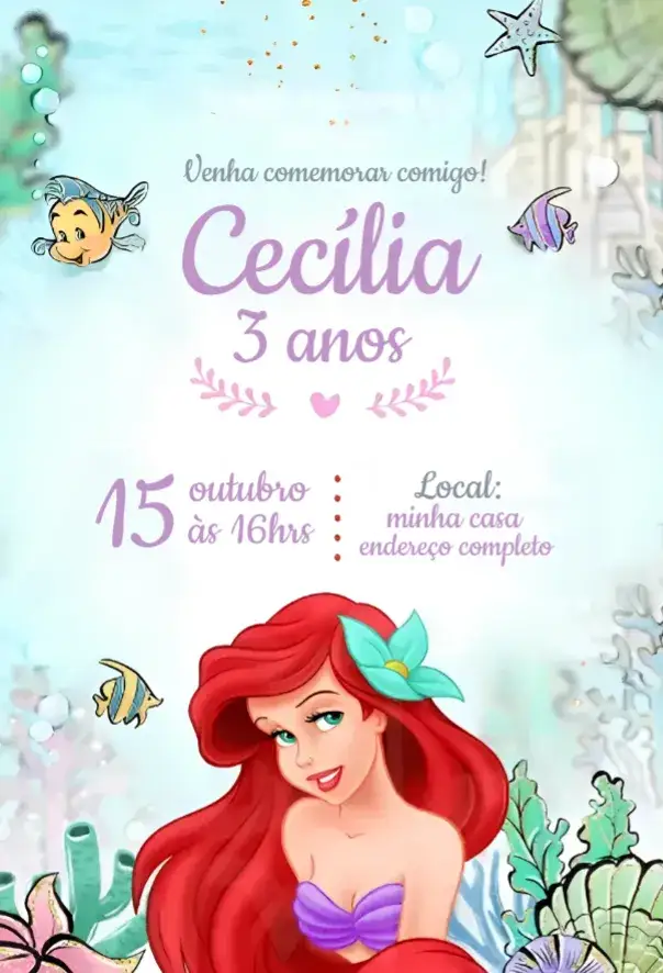 Convite Convite Ariel – tema Aniversário marinho, colorido, fantasia, aqua, princesas, divertido