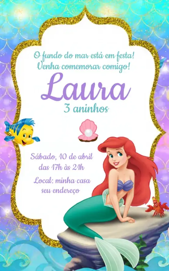 Convite Convite Ariel – tema Aniversário marinho, colorido, fantasia, temático, divertido, brilhante