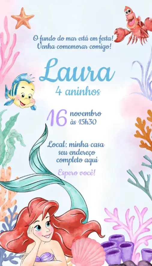 Convite Convite Ariel – tema Aniversário fundo do mar, sereia, princesas, cores vibrantes, fantasia, mágico