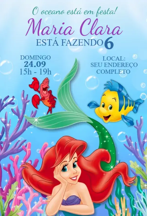Convite Convite Ariel – tema Aniversário temática de sereia, cores vibrantes, elementos marinhos, estilo lúdico, inspirado na Disney, conforto digital