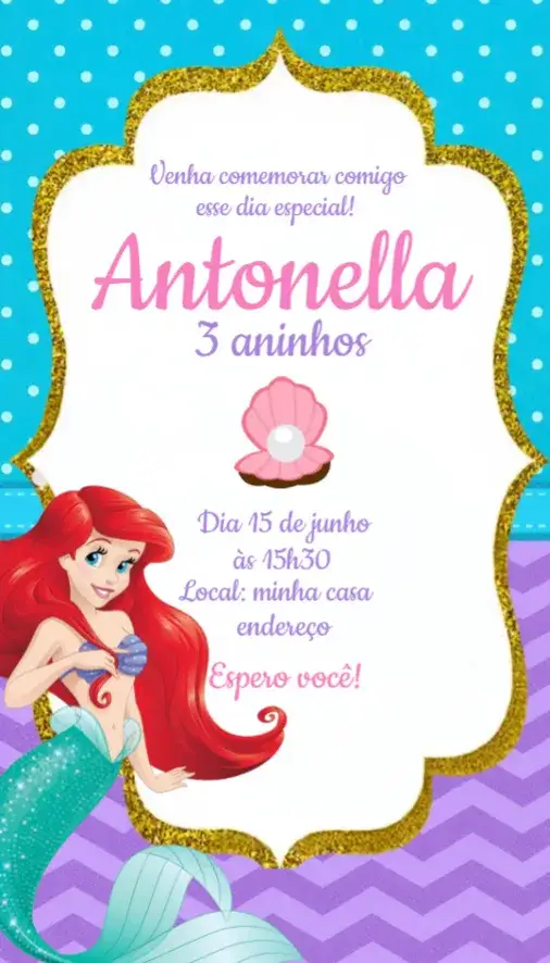 Convite Convite Ariel – tema Aniversário marinho, colorido, fantástico, divertido, infantil, temático
