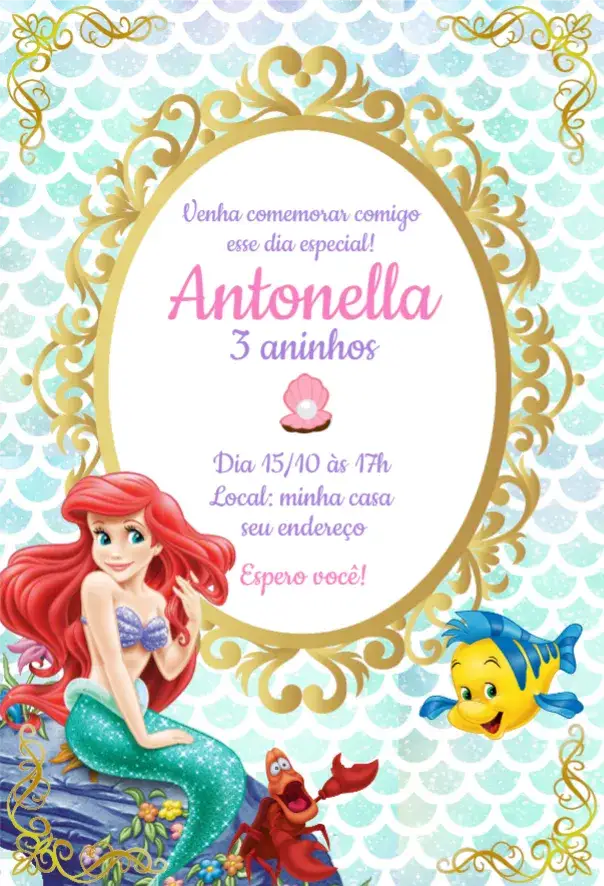 Convite Convite Ariel – tema Aniversário temática aquática, cores vibrantes, estilo lúdico, elementos de sereia, inspirado em princesas, design divertido