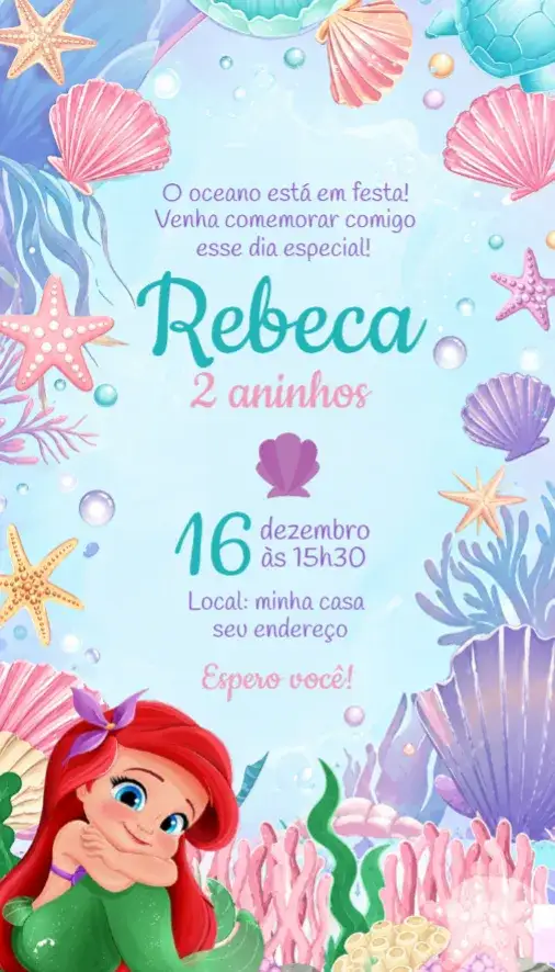 Convite Convite Ariel – tema Aniversário princesas, fundo do mar, cores pastel, elementos marinhos, estilo lúdico, diversão infantil