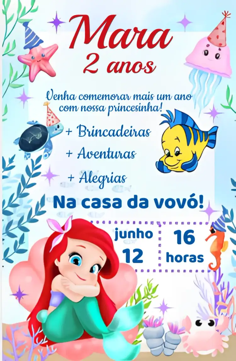 Convite Convite Ariel Digital – tema Aniversário temática do oceano, cores vibrantes, elementos marinhos, estilo lúdico, ilustrações da Disney