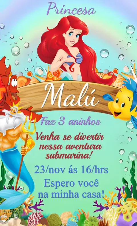Convite Convite Ariel Digital – tema Aniversário cores vibrantes, estilo lúdico, elementos do oceano, fantasia, ilustrações coloridas
