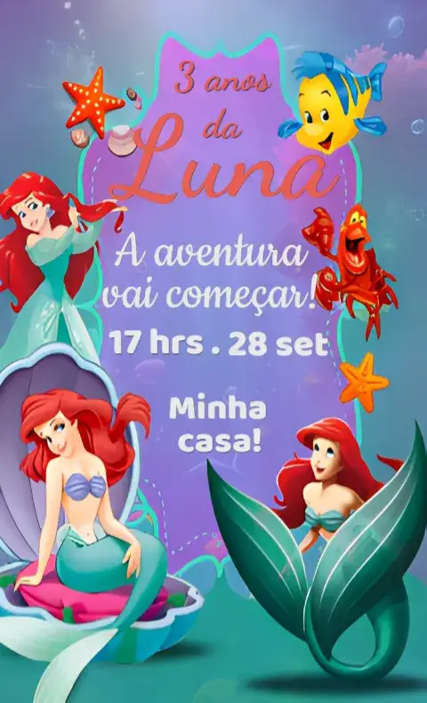 Convite Convite Ariel Digital – tema Aniversário cores vibrantes, elementos marinhos, estilo divertido, ilustrações encantadoras, tema de sereia, design alegre