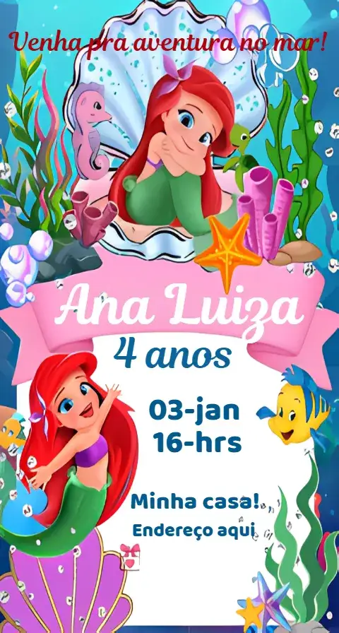 Convite Convite Ariel Digital – tema Aniversário fundo do mar, cores vibrantes, elementos marinhos, estilo lúdico, inspirado na Disney, design encantador