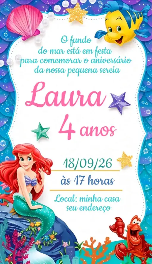 Convite Ariel Pequena Sereia