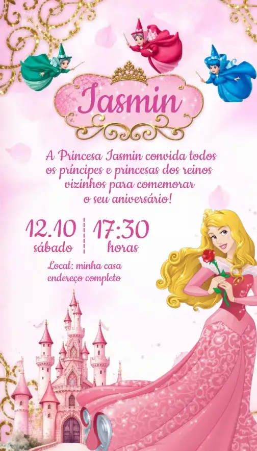 Convite Convite Aurora – tema Aniversário cores pastéis, elementos de conto de fadas, ilustrações de princesas, estilo encantado, motivação mágica