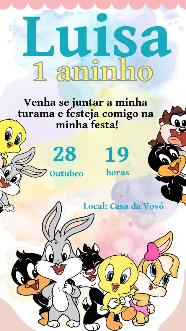 Convite Convite baby looney tunes – tema Aniversário Infantil colorido, divertido, temático, ilustrações animadas, infantil
