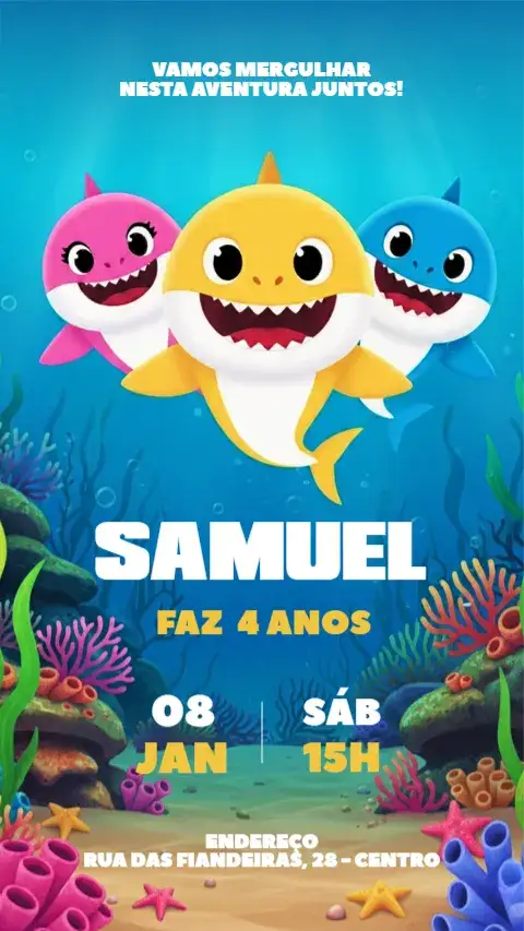 Convite Convite Baby Shark – tema Aniversário Infantil vibrante, marinho, divertido, colorido, temático, infantil
