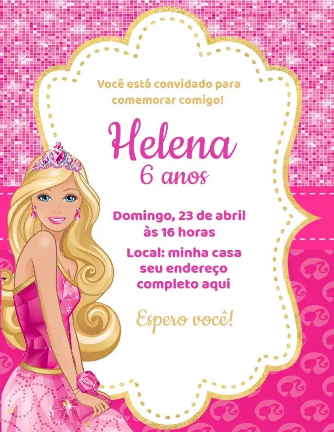 Convite Convite Barbie – tema Aniversário rosa, glitter, dourado, infantil, temática Barbie, divertido