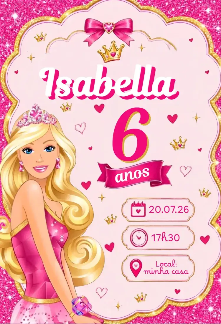 Convite Convite Barbie – tema Aniversário rosa, glitter, brilho, infantil, colorido, divertido