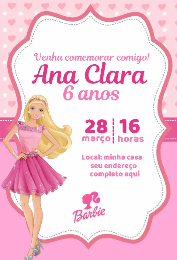 Convite Convite Barbie Corações – tema Aniversário Infantil romântico, delicado, rosa, branco, infantil