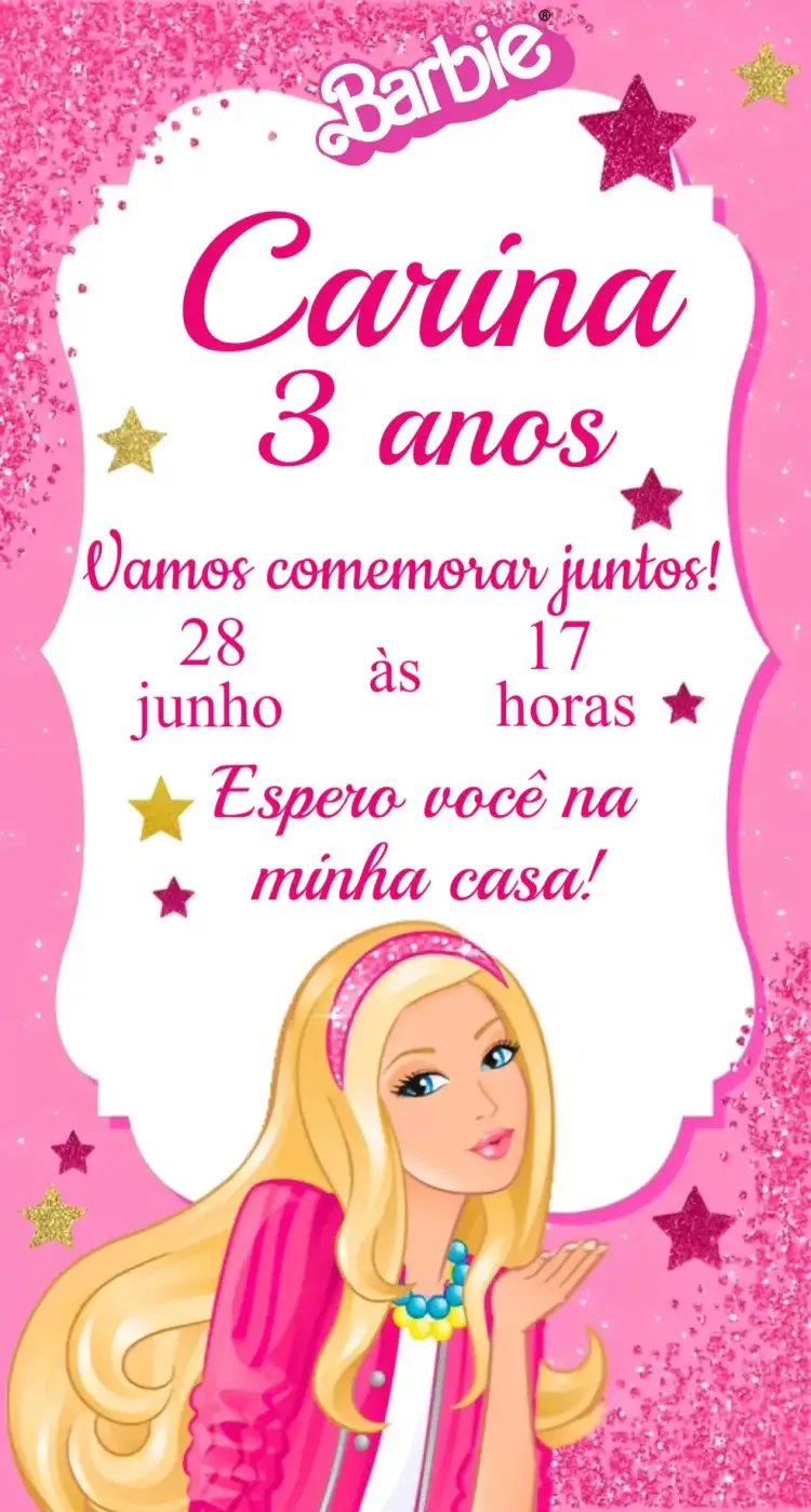 Convite Convite Barbie Digital – tema Aniversário rosa, princesa, moderno, colorido, divertido, jovial