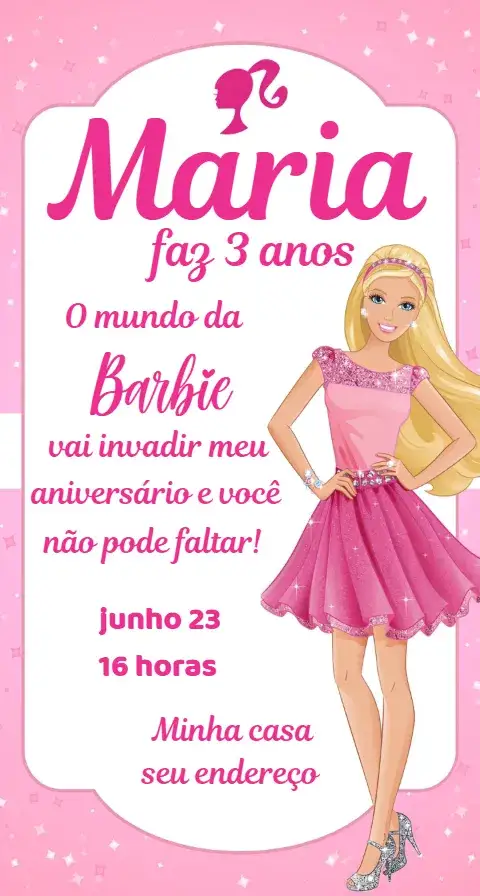 Convite Convite Barbie Digital – tema Aniversário colorido, princesa, brilho, fantasia, divertido, moderno