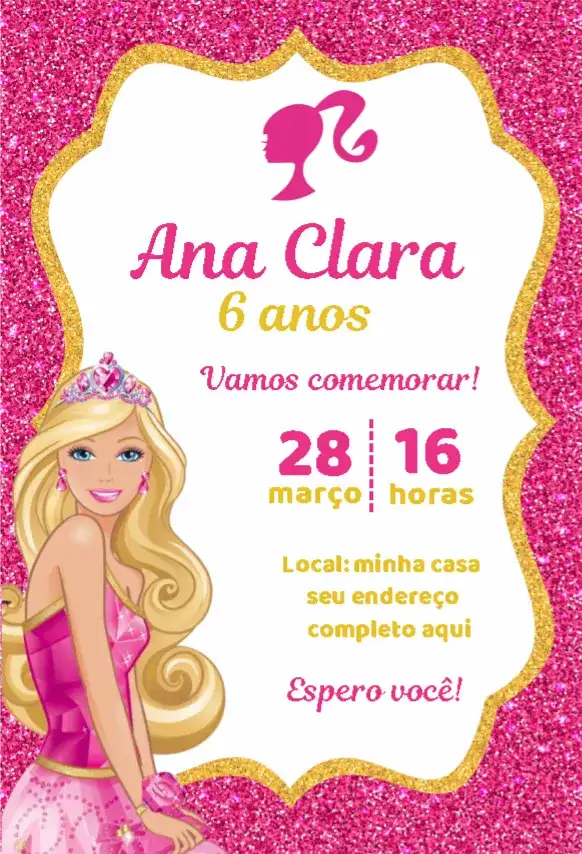 Convite Barbie Glitter Dourado e Rosa 1