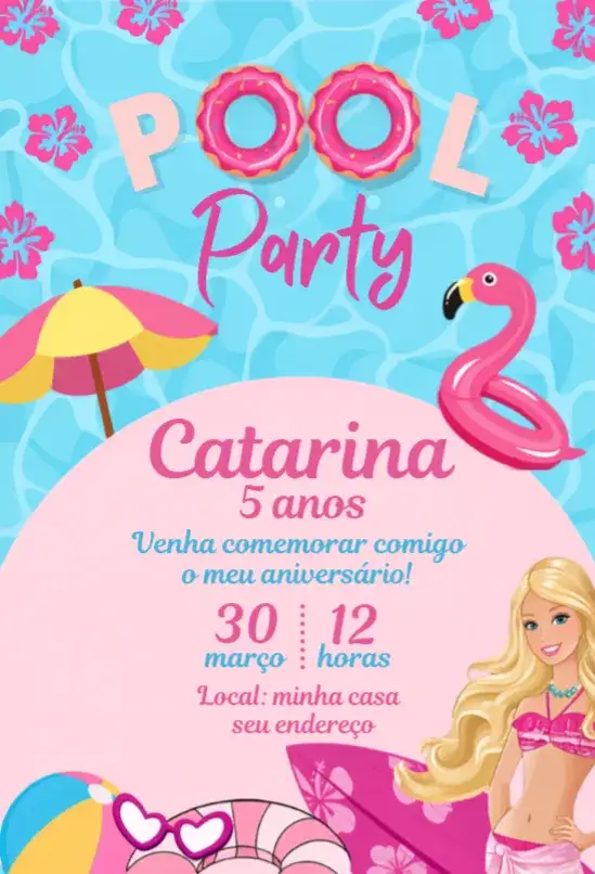 Convite Convite Barbie Pool Party – tema Aniversário cores vibrantes, estilo infantil, elementos gráficos de piscina, design divertido, temática Barbie, atmosfera alegre