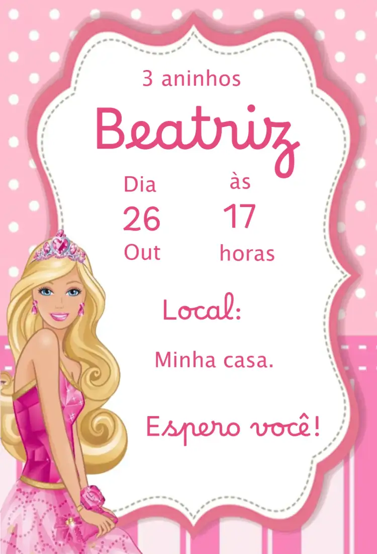 Convite Convite Barbie – tema Aniversário Infantil rosa, brilho, feminino, divertido, colorido, mágico
