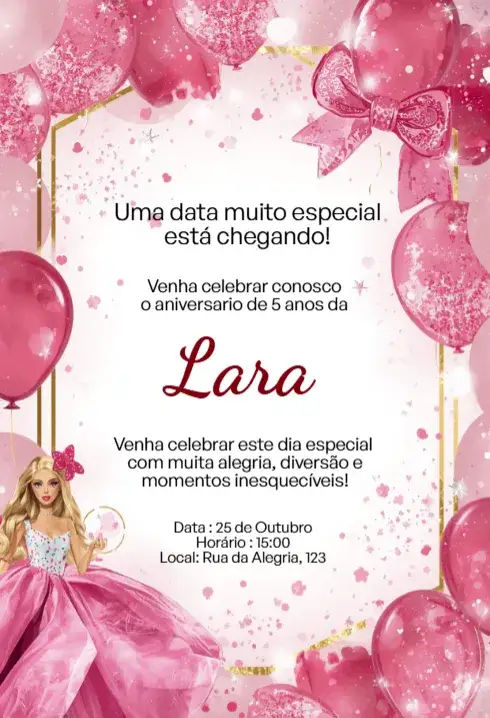 Convite Convite Barbie Rosa com Balões Editável para Aniversário Infantil – tema Aniversário Infantil rosa, colorido, feminino, divertido, infantil, temática