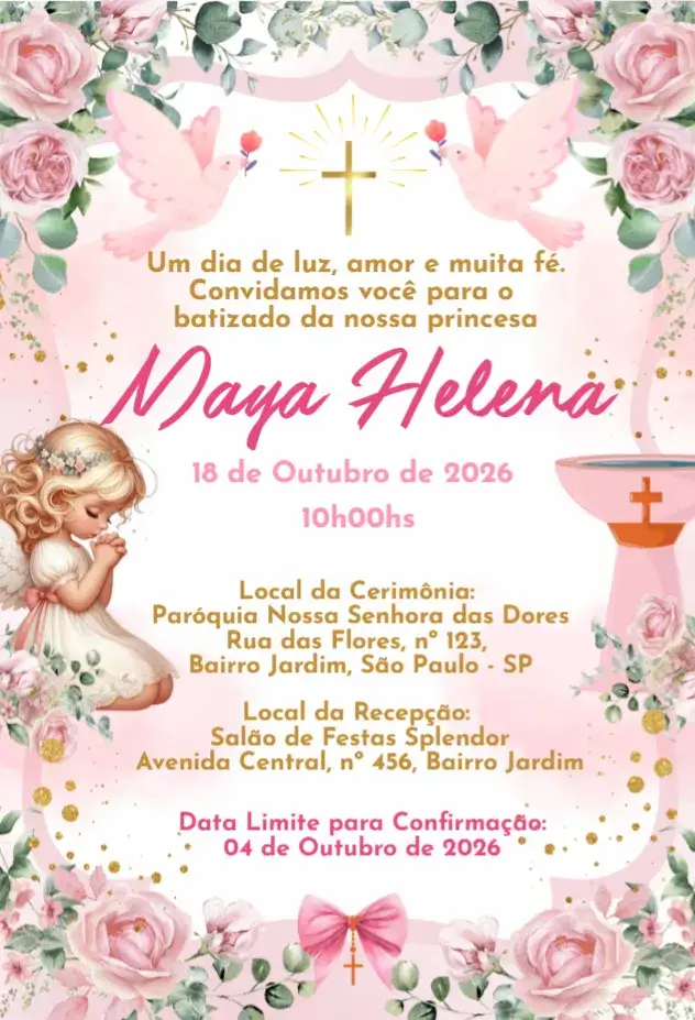 Convite Convite Batismo Anjinho Menina – tema Batizado cores suaves, estilo infantil, elementos angelicais, design delicado, ilustrações adoráveis, toque romântico