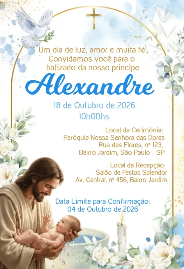Invitación Convite Batizado Bebe Floral – tema Batizado floral, azul, elegante, delicado, moderno