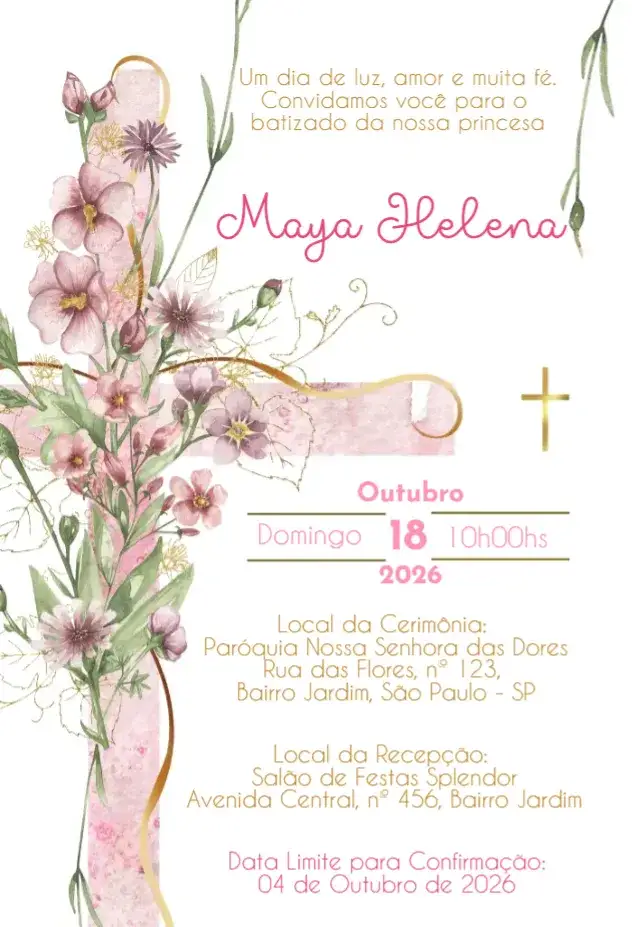Invitación Convite Batizado Cruz Floral Rosa – tema Batizado floral, rosa, dourado, delicado, moderno, elegrante