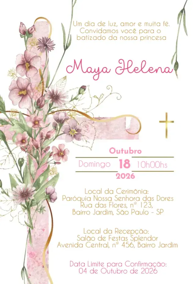 Baptism Invitation Pink Floral Cross